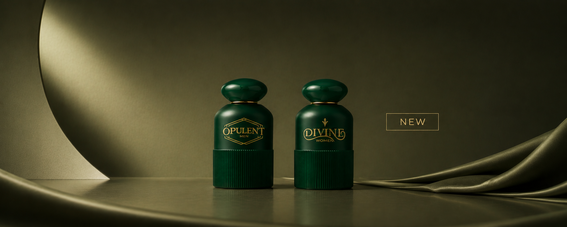 Opulent Men and Divine Women green perfume bottles new arrival banner on olive gradient background