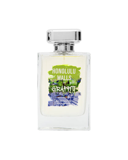 Bottle of Honolulu Walls fragrance by Graffiti, featuring bergamot, water notes, and musk.