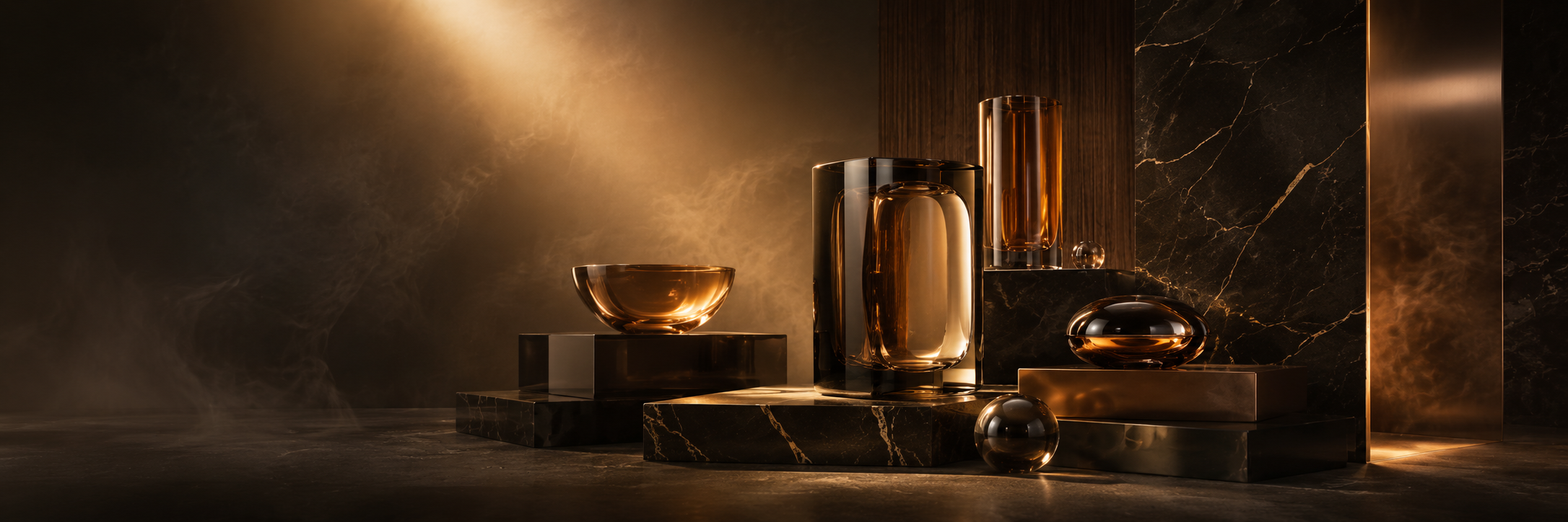 Amber glass vessels and sphere on dark marble podiums with warm golden light background