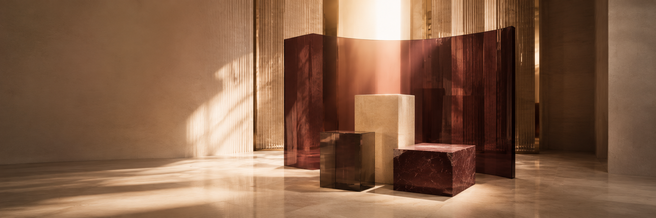 Marble and glass geometric pedestals in warm-lit fluted column interior