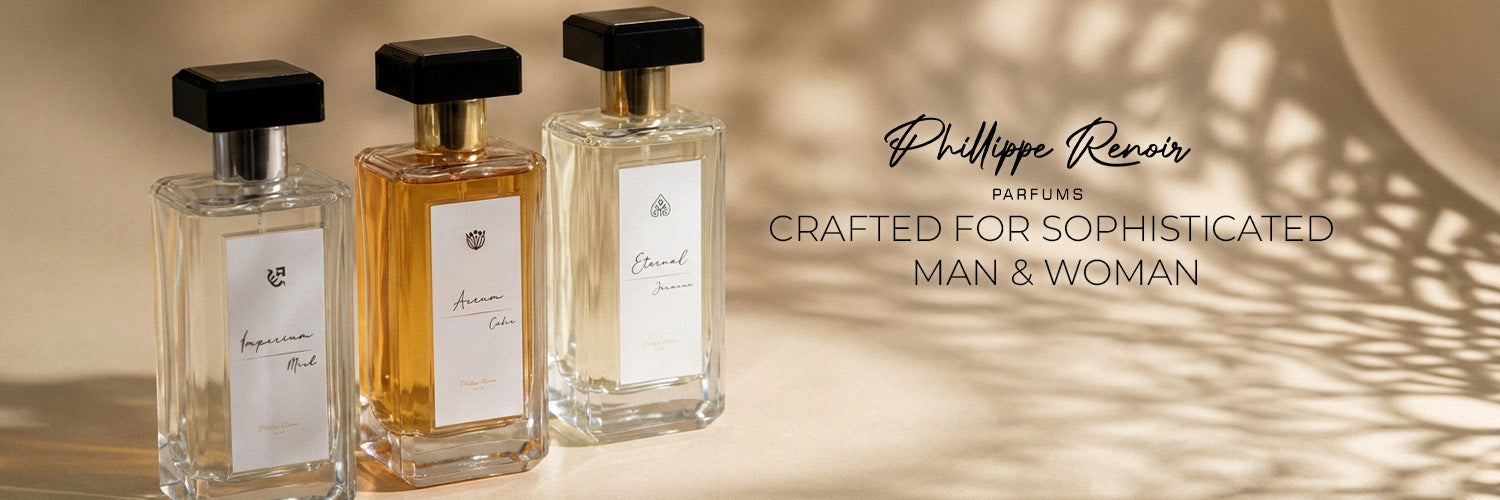 Phillippe Renoir Parfums banner with three perfume bottles for sophisticated men and women