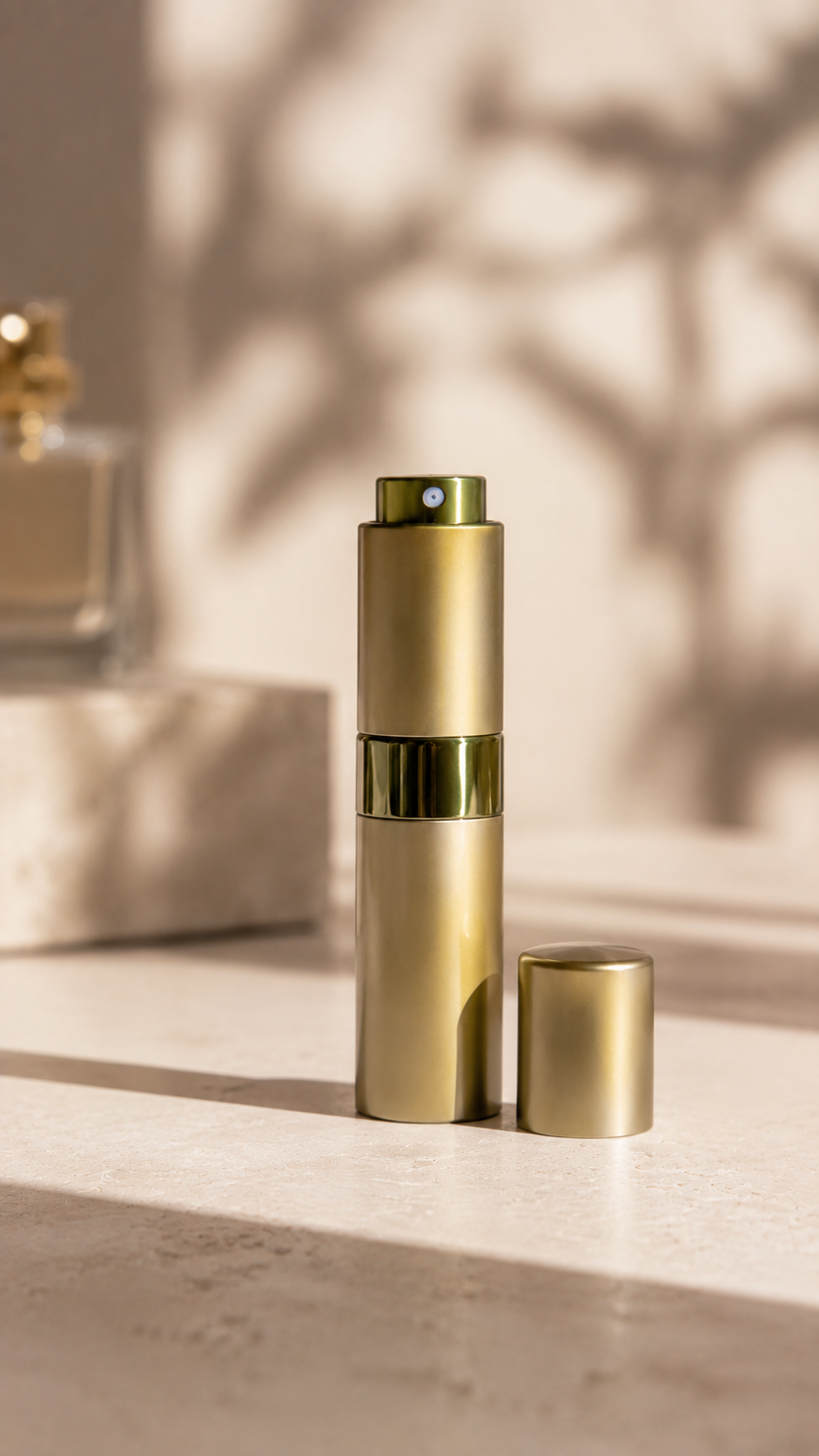Luxury gold refillable travel perfume atomizer standing on a stone surface with cap beside it.